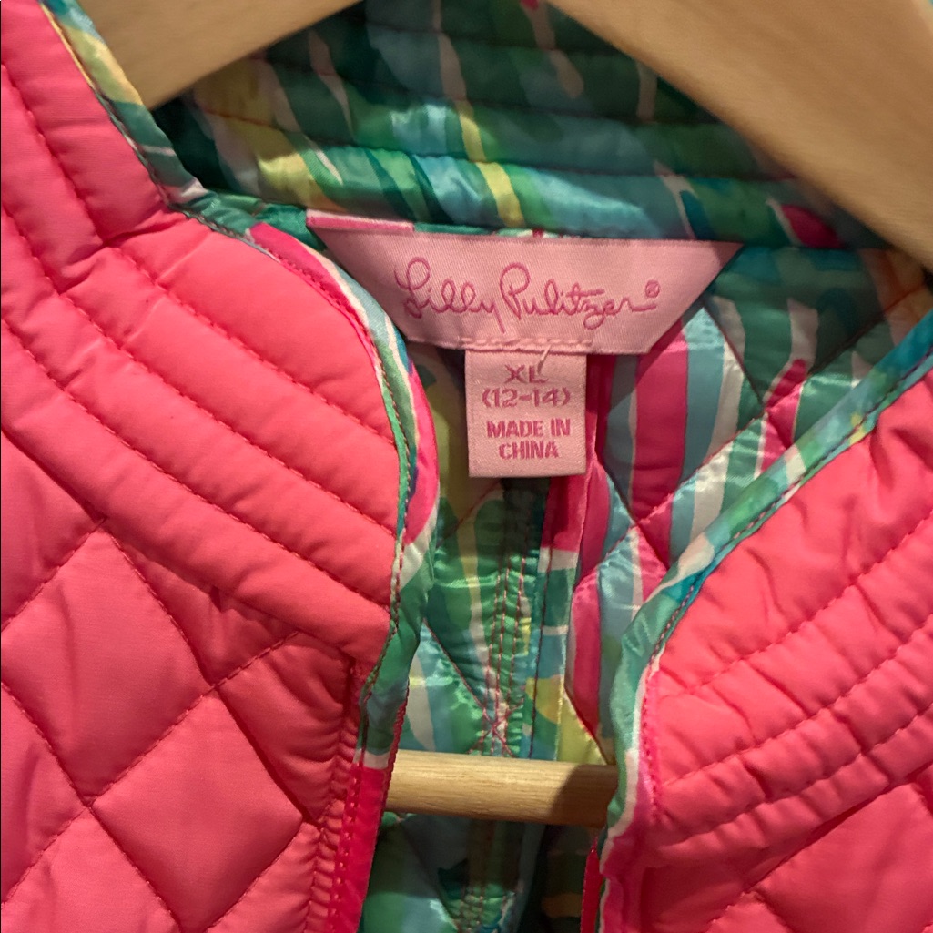 Lilly Pulitzer Hot Pink Quilted Vest With Multicolor Stripe Lining